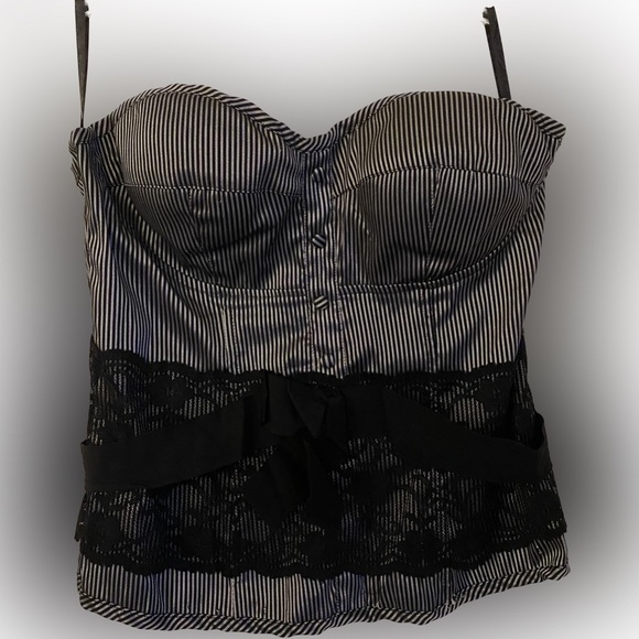 Cotton Works Tops - Vintage Y2K Black & Silver striped zip back Bustier with Lace & Ribbon detailing
